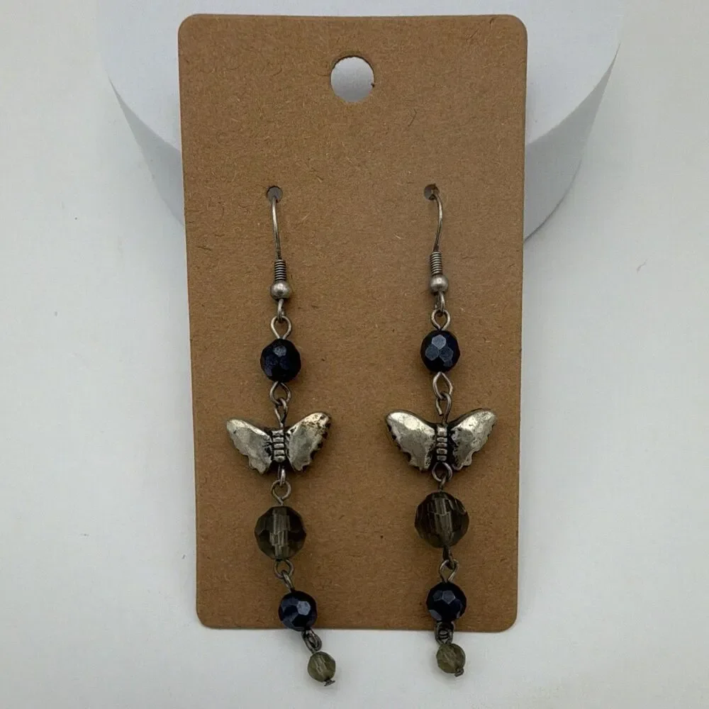 Silver Tone Butterfly Charm Blue Round Glass Bead Dangle Drop Earrings Hook 3”